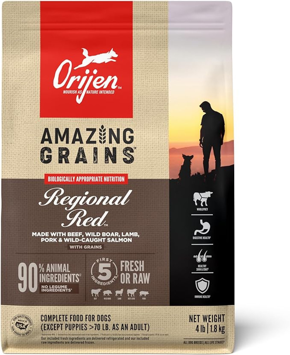 Orijen Amazing Grains Regional Red Dry Dog Food, High Protein Dog Food For All Life Stages, Fresh Or Raw Ingredients, 4Lb