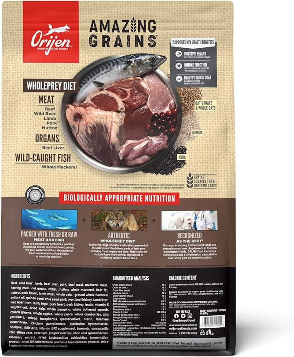 Orijen Amazing Grains Regional Red Dry Dog Food, High Protein Dog Food For All Life Stages, Fresh Or Raw Ingredients, 4Lb