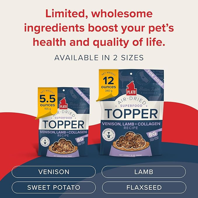 Plato Pet Treats Air Dried Dog Food Topper, Venison, Lamb And Collagen Recipe, Superfood, Grain Free, Made In The Usa, 5.5Oz