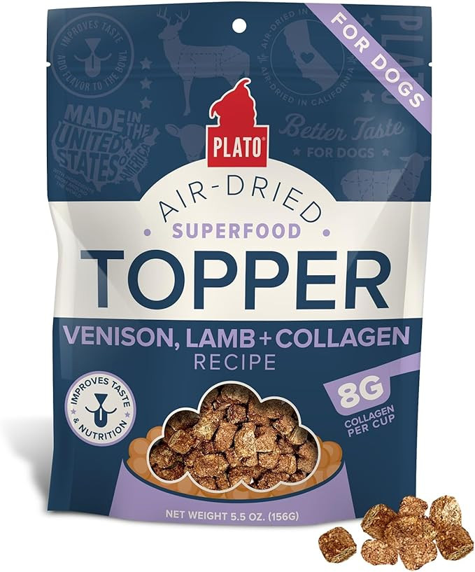 Plato Pet Treats Air Dried Dog Food Topper, Venison, Lamb And Collagen Recipe, Superfood, Grain Free, Made In The Usa, 5.5Oz
