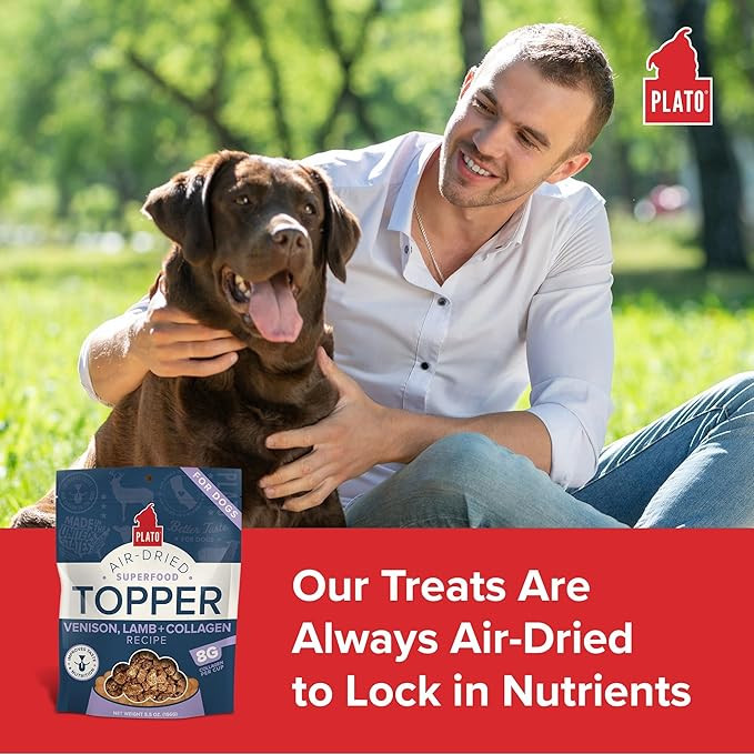 Plato Pet Treats Air Dried Dog Food Topper, Venison, Lamb And Collagen Recipe, Superfood, Grain Free, Made In The Usa, 5.5Oz