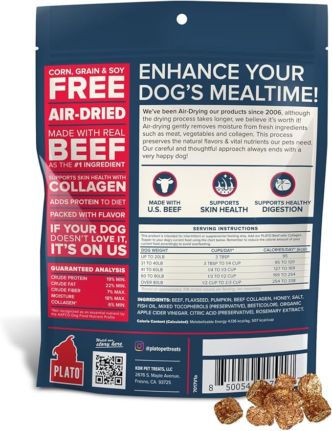 Plato Pet Treats Air Dried Dog Food Topper, Beef And Collagen Recipe, Superfood, Grain Free, Made In The Usa, 5.5Oz