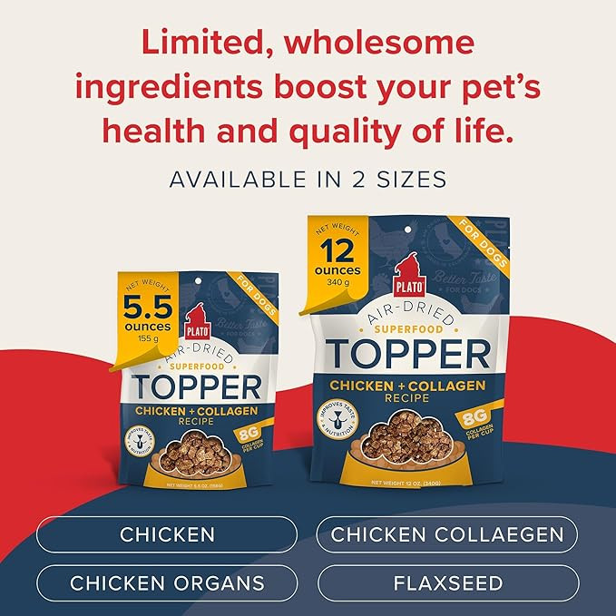 Plato Pet Treats Air Dried Dog Food Topper, Chicken And Collagen Recipe, Superfood, Grain Free, Made In The Usa, 5.5Oz