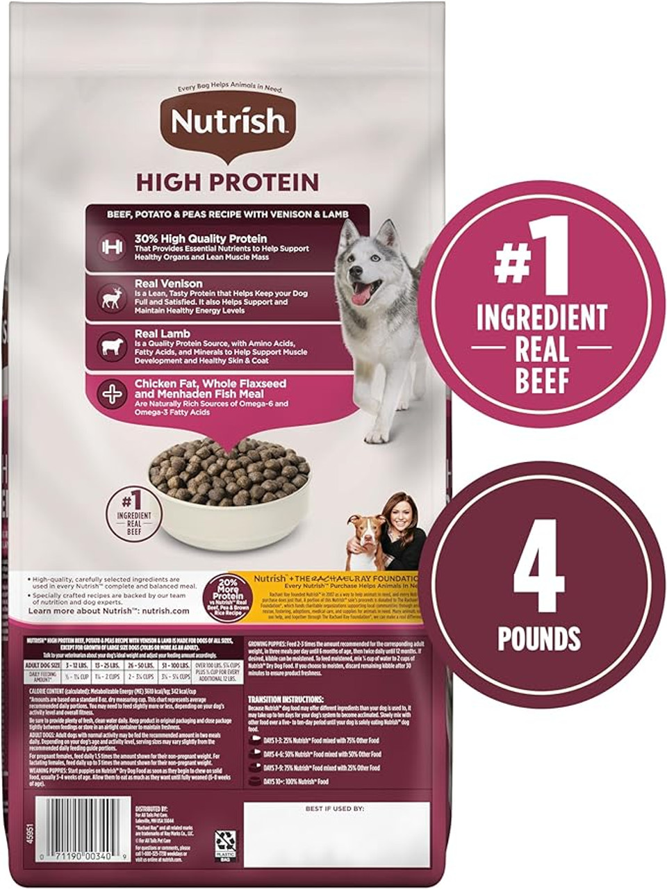 Rachael Ray Nutrish Peak Natural Dry Dog Food With Added Vitamins, Minerals & Taurine, Open Prairie Recipe With Beef, Venison & Lamb, 4 Pounds, Grain Free (Packaging May Vary)
