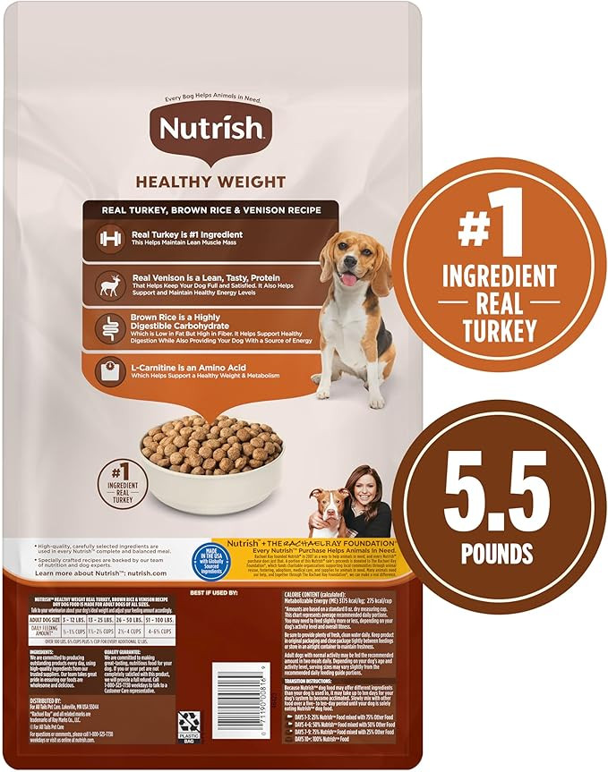 Rachael Ray Nutrish Dry Dog Food, Turkey, Brown Rice & Venison Recipe For Weight Management, 5.5 Pound Bag