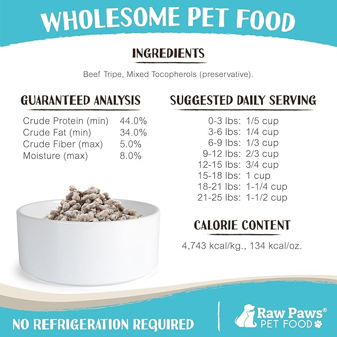 Raw Paws Freeze-Dried Green Beef Tripe For Dogs & Cats, 16 Oz - Made In Usa Green Beef Tripe Dog Food - Free-Range Cow Tripe Without Added Steroids Or Antibiotics - Raw Freeze-Dried Green Tripe