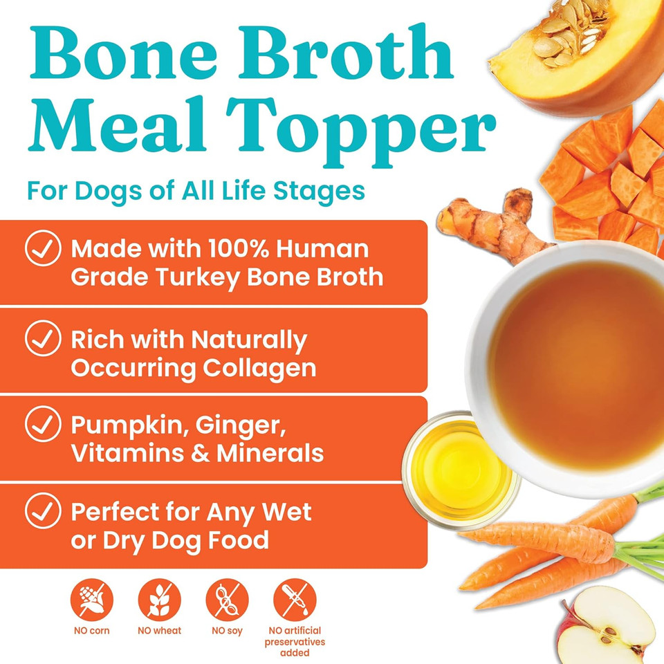Solid Gold Turkey Bone Broth For Dogs - Grain Free Dog Food Topper Rich In Collagen And Superfoods - Nutrient Dense Dog Gravy Topper For Dry Food - Promotes Gut Health And Hydration - 12 Pack