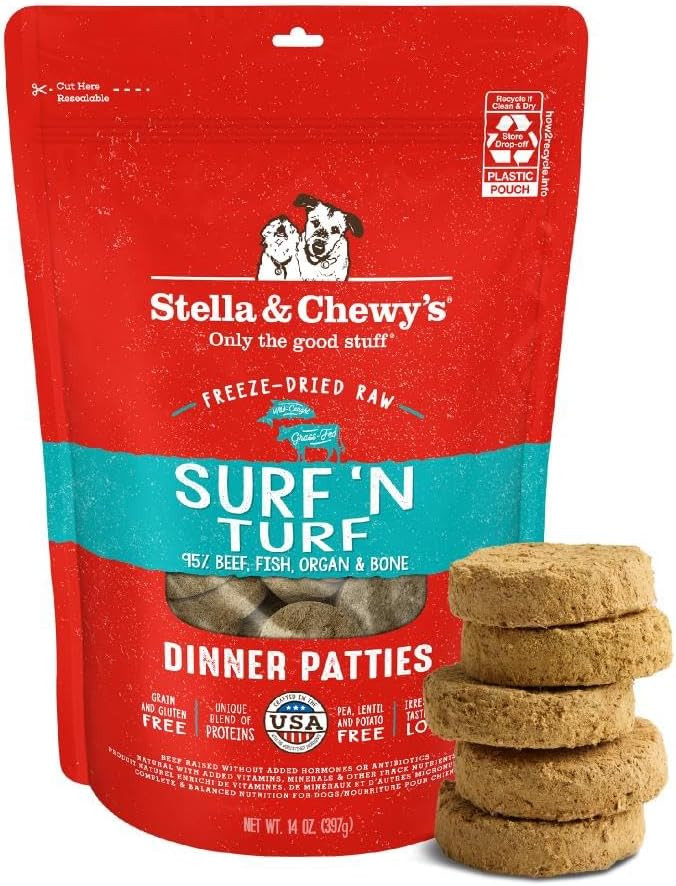 Stella & Chewy'S Freeze Dried Raw Dinner Patties  Grain Free Dog Food, Protein Rich Surf N Turf Salmon & Beef Recipe  14 Oz Bag