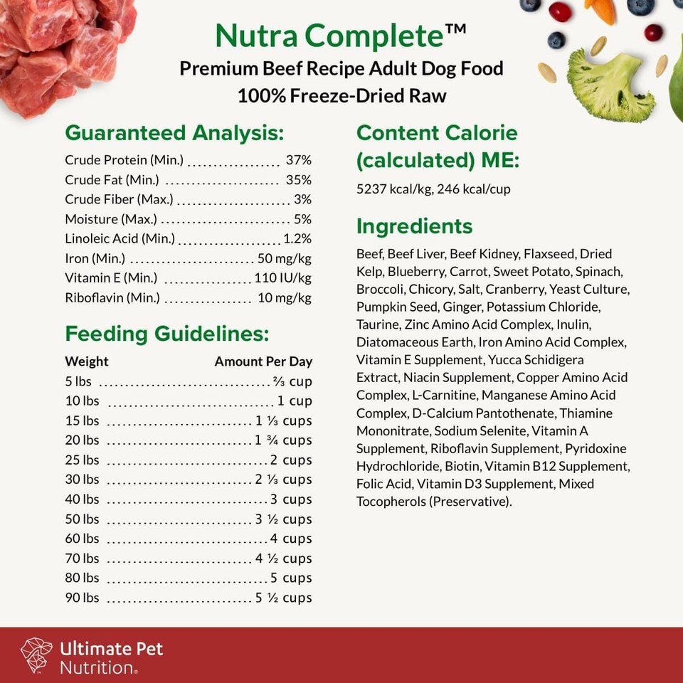 Ultimate Pet Nutrition Nutra Complete, 100% Freeze Dried Veterinarian Formulated Raw Dog Food With Antioxidants Prebiotics And Amino Acids, (1 Pound, Beef)