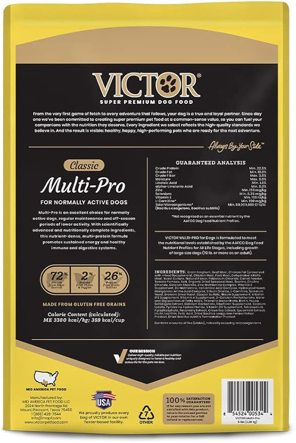 Victor Super Premium Dog Food  Multi-Pro Dry Dog Food  Gluten Free Dog Food With Beef, Chicken And Pork Protein For Normally Active Dogs  All Breeds And All Life Stages, 5 Lb