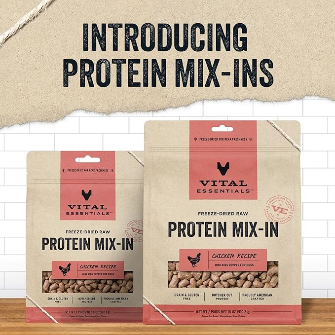 Vital Essentials Freeze Dried Raw Protein Mix-In Dog Food Topper, Chicken Mini Nibs Topper For Dogs, 18 Oz