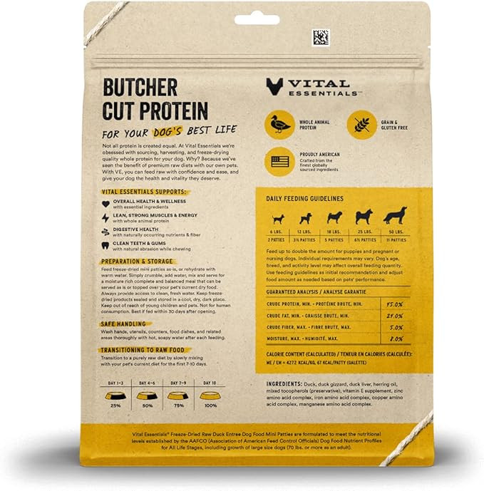 Vital Essentials Freeze Dried Raw Dog Food, Duck Mini Patties Entree, 14 Oz