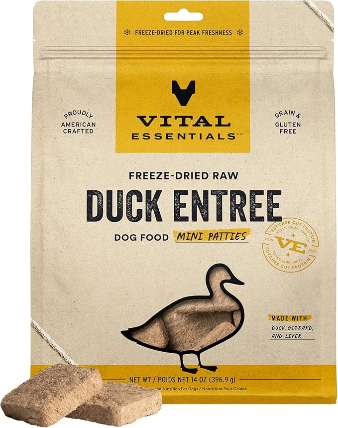 Vital Essentials Freeze Dried Raw Dog Food, Duck Mini Patties Entree, 14 Oz