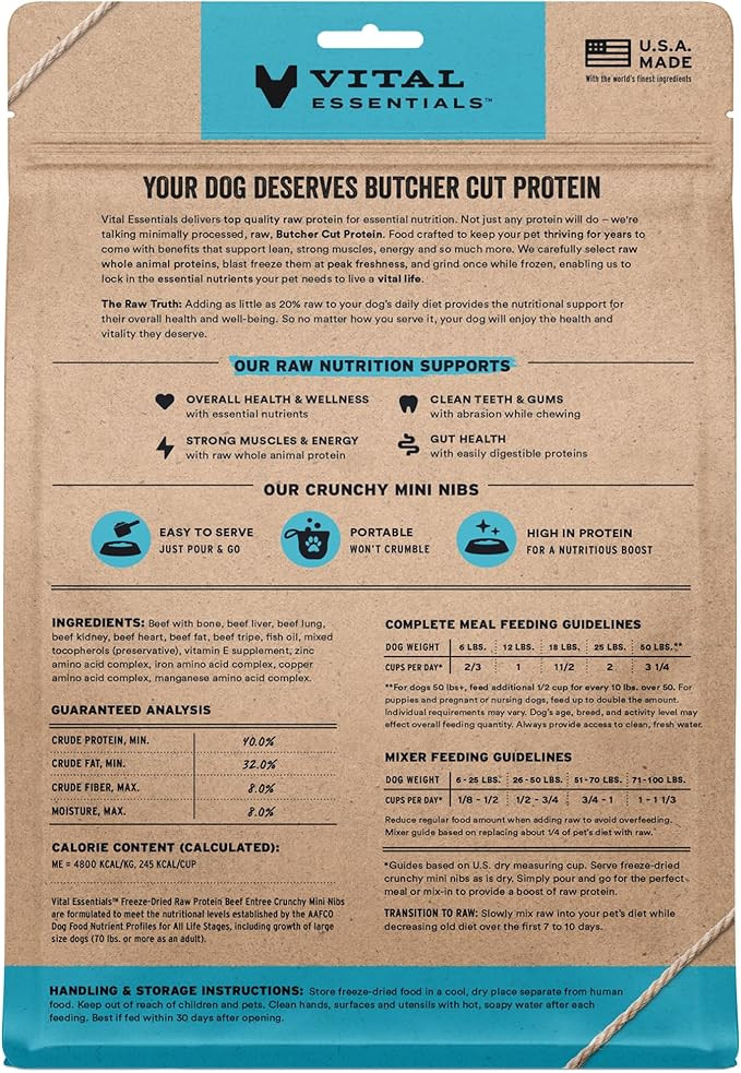 Vital Essentials Freeze Dried Raw Dog Food, Beef Mini Patties Entree, 14 Oz