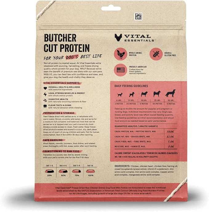 Vital Essentials Freeze Dried Raw Dog Food, Chicken Mini Patties Entree, 14 Oz