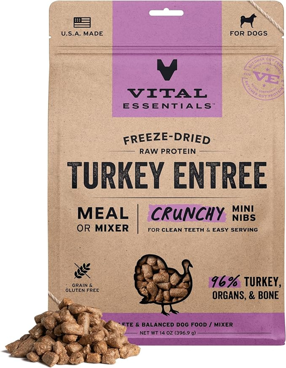 Vital Essentials Freeze Dried Raw Dog Food, Turkey Mini Nibs Entree, 14 Oz