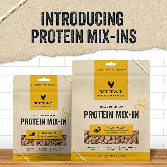 Vital Essentials Freeze Dried Raw Protein Mix-In Dog Food Topper, Duck Mini Nibs Topper For Dogs, 6 Oz