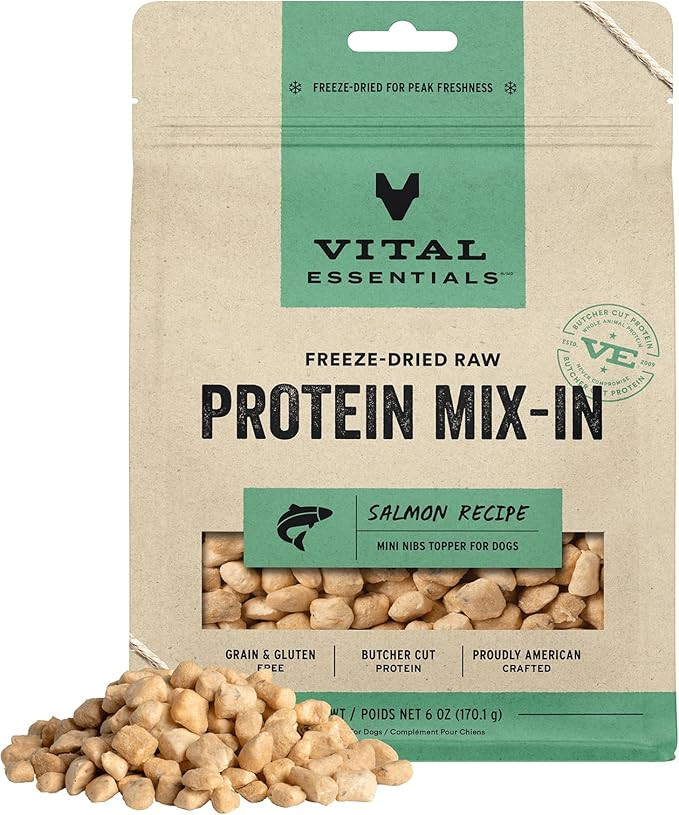 Vital Essentials Freeze Dried Raw Protein Mix-In Dog Food Topper, Salmon Mini Nibs Topper For Dogs, 6 Oz