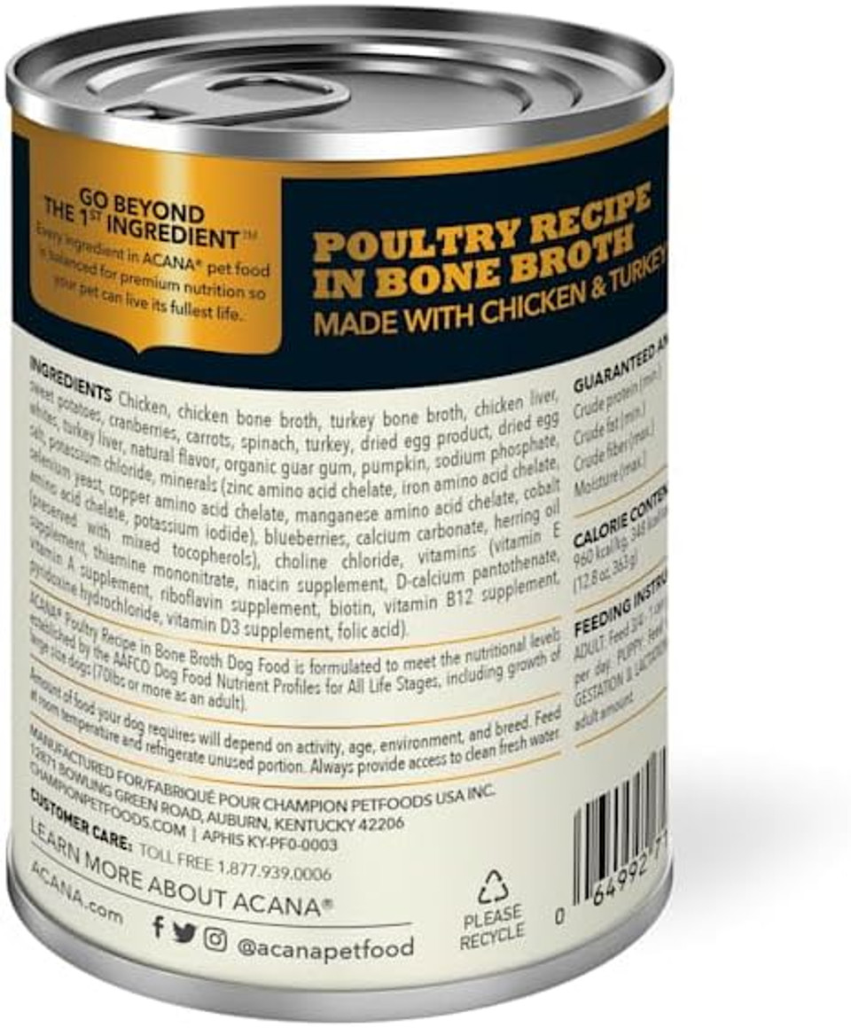 Acana Grain-Free Premium Chunks Poultry Recipe In Bone Broth Wet Dog Food, 12.8 Oz, Case Of 12, 12 X 12.8 Oz