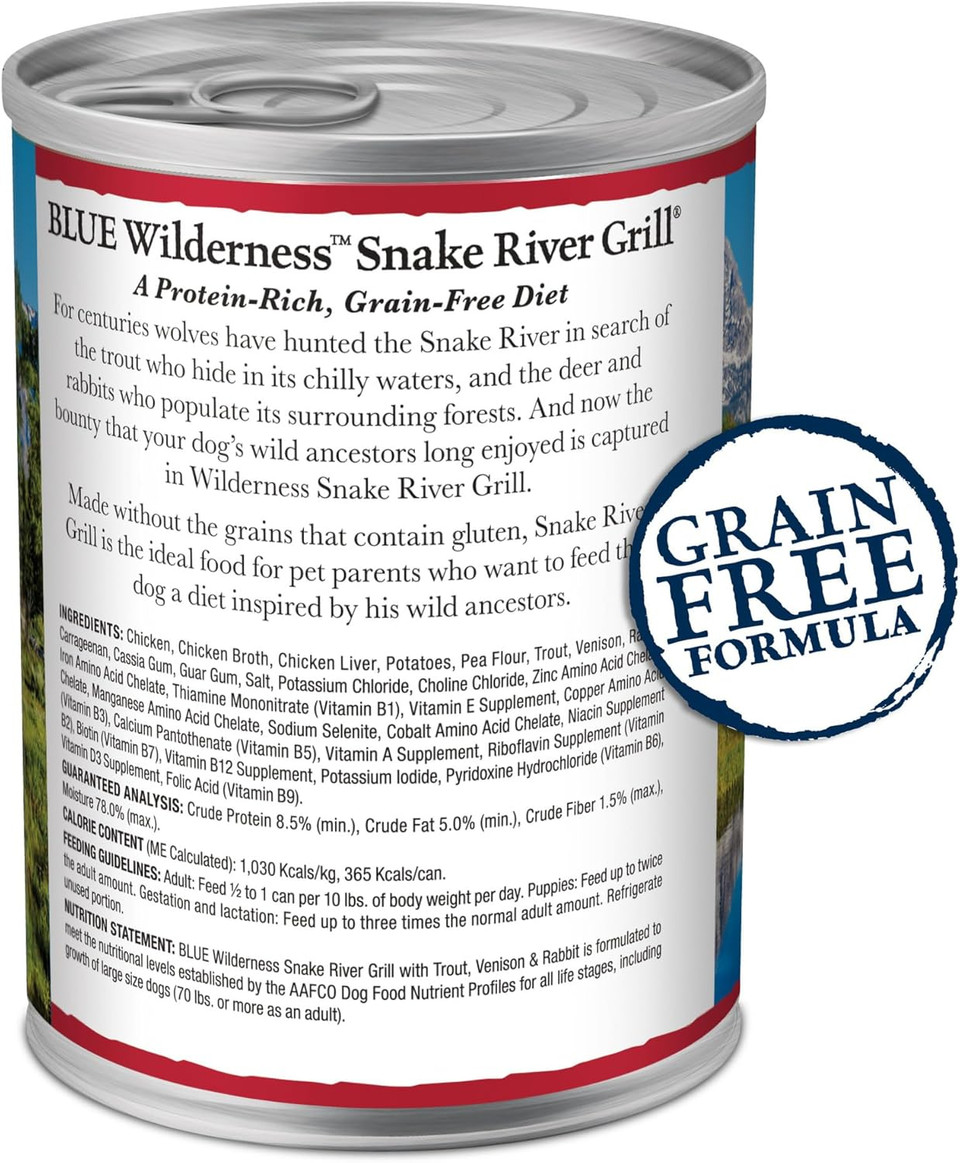 Blue Buffalo Wilderness Snake River Grill Natural High Protein Wet Food For Adult Dogs, Trout, Venison & Rabbit, 12.5-Oz. Cans, 12 Count