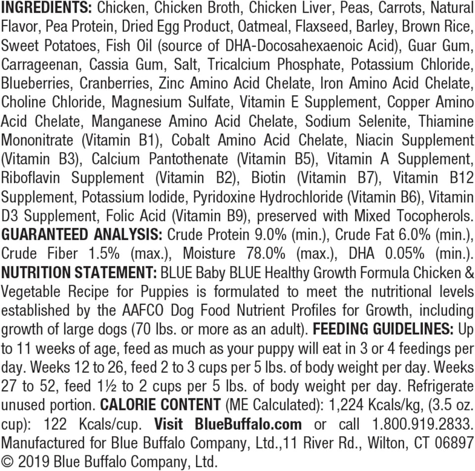 Blue Buffalo Baby Blue Healthy Growth Formula Natural Puppy Wet Dog Food Cup, Chicken And Vegetable Recipe 3.5-Oz Cups (Pack Of 12)
