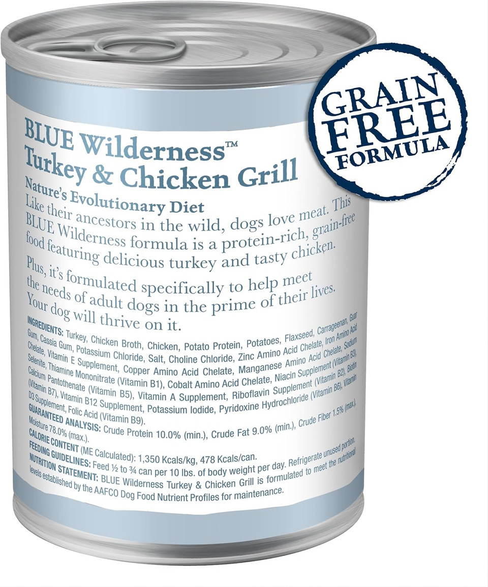 Blue Buffalo Wilderness Adult Wet Dog Food, High-Protein & Grain-Free, Made With Natural Ingredients, Turkey & Chicken Grill, 12.5-Oz. Cans (12 Count)