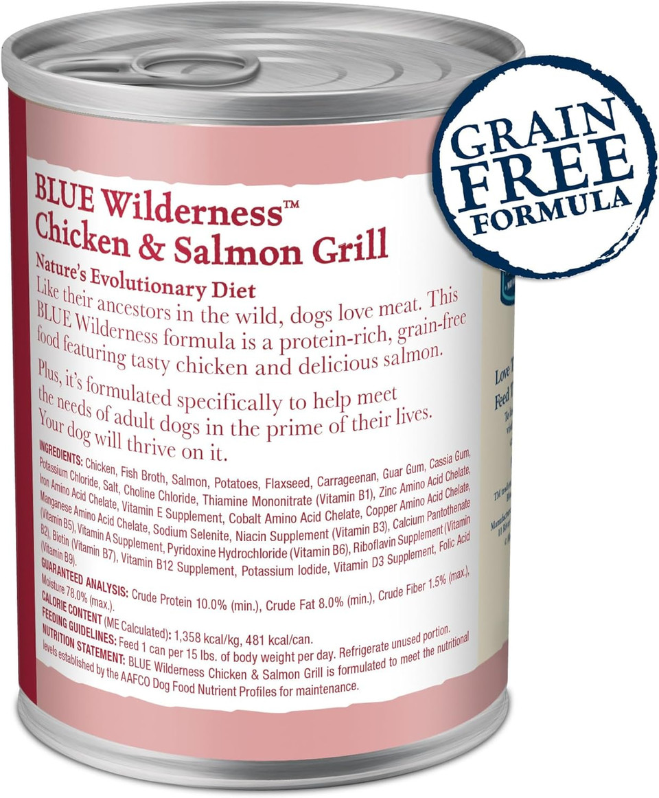 Blue Buffalo Wilderness Adult Wet Dog Food, High-Protein & Grain-Free, Made With Natural Ingredients, Salmon & Chicken Grill, 12.5-Oz. Cans, 12 Count