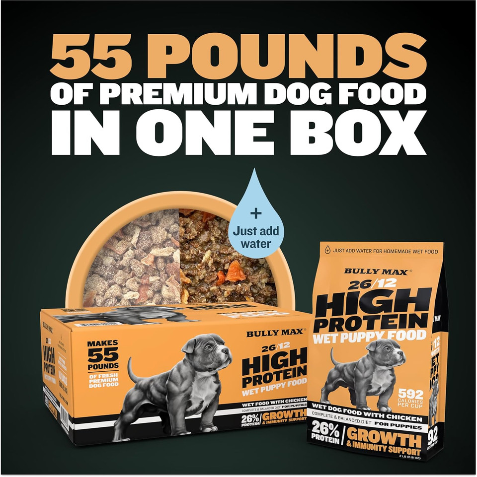 Bully Max Wet Puppy Food - Dehydrated High Protein Dog Food With Chicken - Growth & Immune Support For Small & Large Breed Puppies - 20 Dry Dog Food Pounds (Makes 55 Lbs. Of Wet Dog Food, 10 Pouches)
