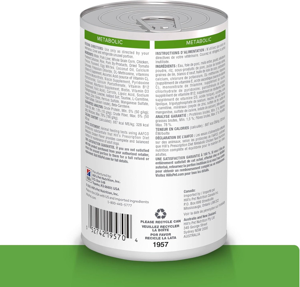 Hill'S Prescription Diet Metabolic Weight Management Chicken Flavor Wet Dog Food, Veterinary Diet, 13 Oz (Pack Of 12)