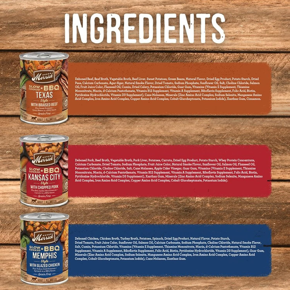 Merrick Slow-Cooked Bbq Premium Real Meat Canned Wet Dog Food Variety Pack, Beef, Chicken And Pork Recipes - (Pack Of 1) 9.5 Lb. Cans
