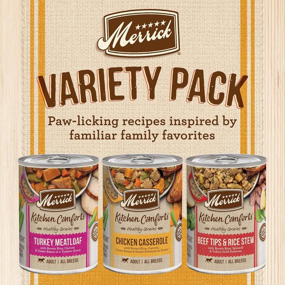 Merrick Kitchen Comforts Wet Dog Food Gravy, Variety Pack Real Meat And Brown Rice Dog Food With Grains - (12 Count) 9.5 Lb. Cans