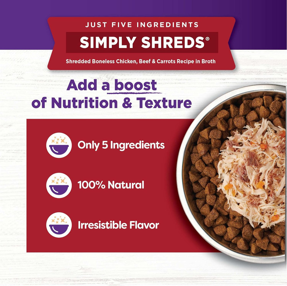 Wellness Bowl Boosters Simply Shreds Natural Grain Free Wet Dog Food Mixer Or Topper, Chicken, Beef & Carrots, 2.8-Ounce Pouch(Pack Of 12)