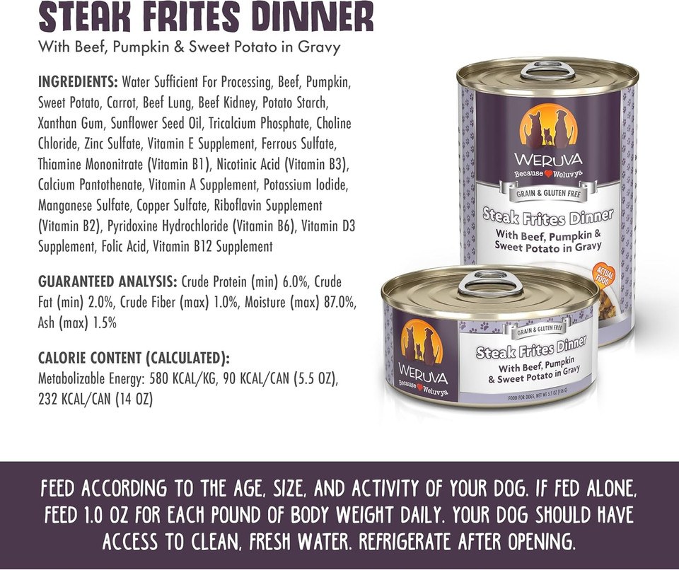 Weruva Classic Dog Food, Steak Frites With Beef, Pumpkin & Sweet Potato In Gravy, 5.5Oz Can (Pack Of 24)