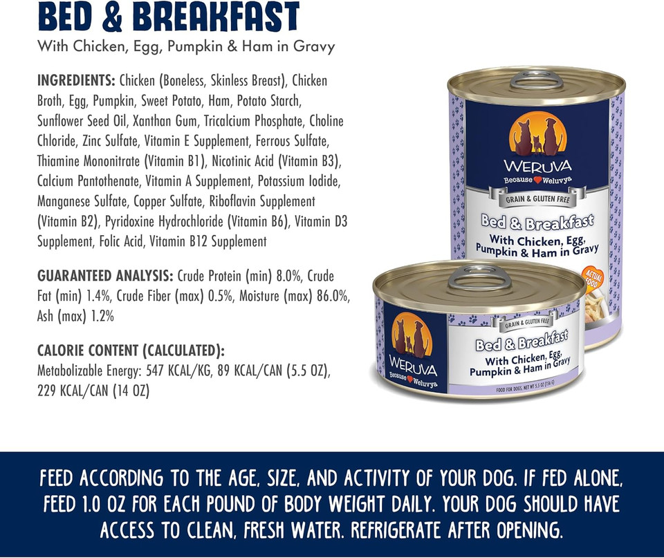 Weruva Classic Dog Food, Bed & Breakfast With Chicken, Egg, Pumpkin & Ham In Gravy, 5.5Oz Can (Pack Of 24), Blue