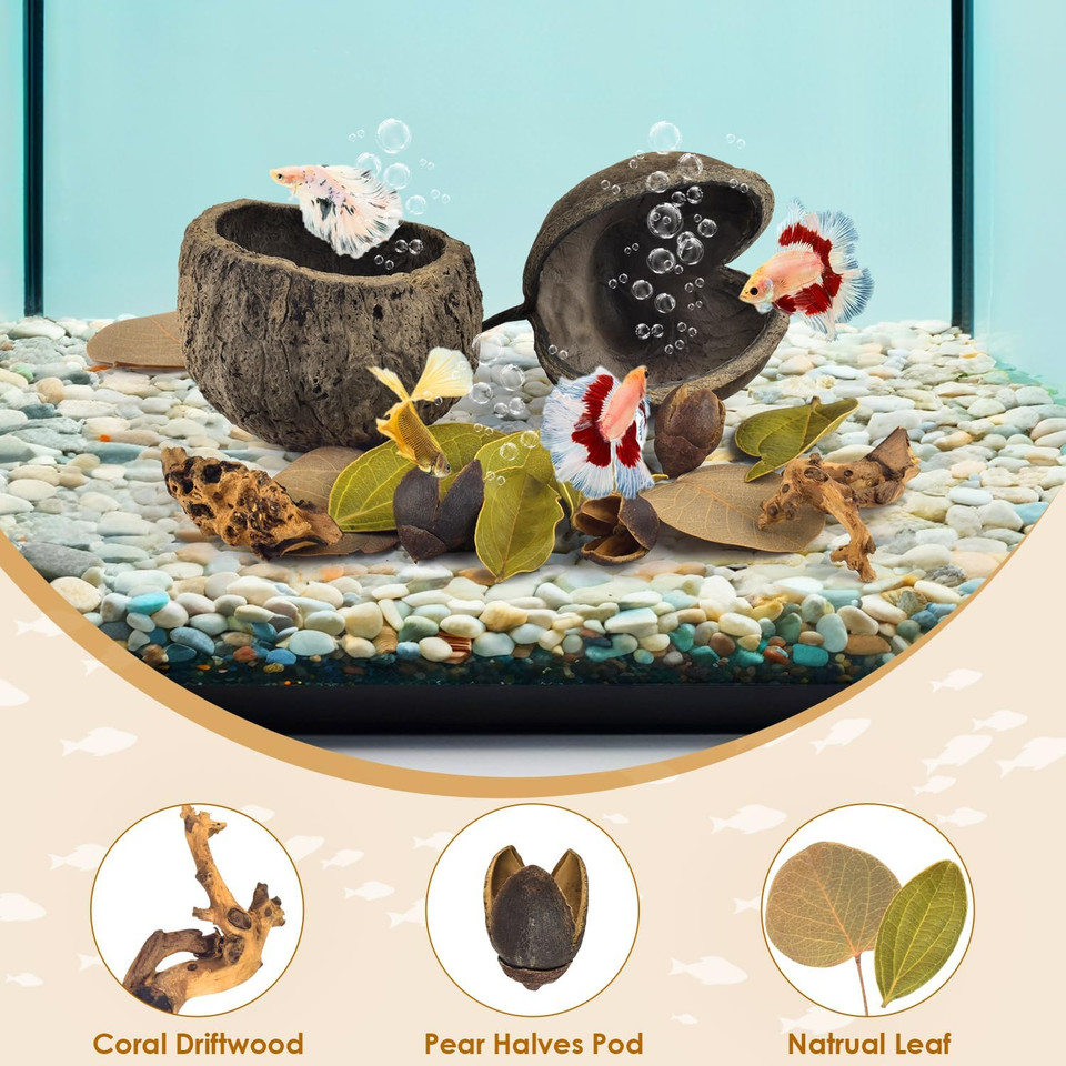 Katumo Fish Tank Decorations, 17 Pcs Aquarium Decors Natural Nutshell Cave Small Coral Driftwoods For Aquatic Pets Fish Tank Ornaments Reptile Decors