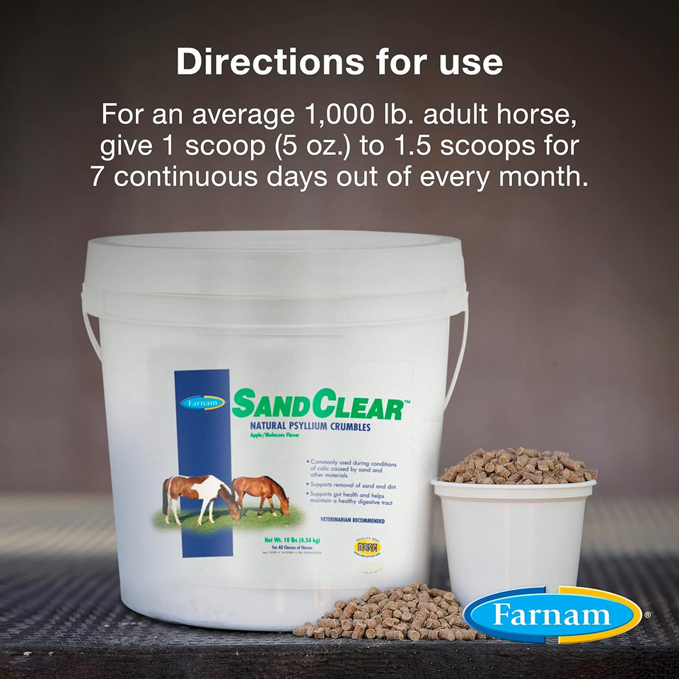 Farnam Sand Clear For Horses Natural Psyllium Crumbles, Veterinarian Recommended To Support The Removal Of Sand & Dirt From The Ventral Colon, 10 Lbs., 32 Scoops