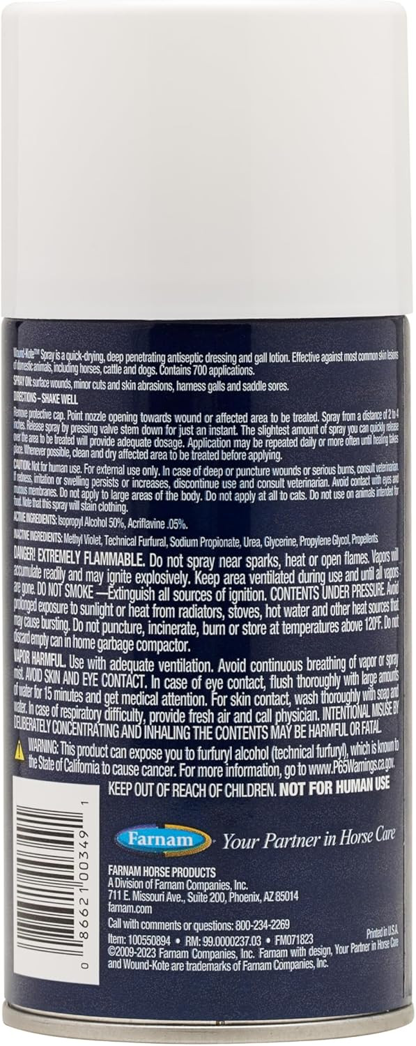 Farnam Wound-Kote Blue Lotion Spray Horse Wound Care For Use On Horses And Dogs, Antiseptic Properties, For Minor Wounds, Cuts And Sores, 7 Oz