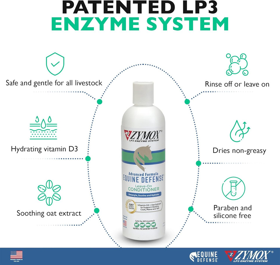 Zymox Equine Defense Advanced Formula Leave-On Conditioner, 12Oz.  Horse Coat Care: Detangles, Soothes, & Moisturizes Skin, Mane & Tail