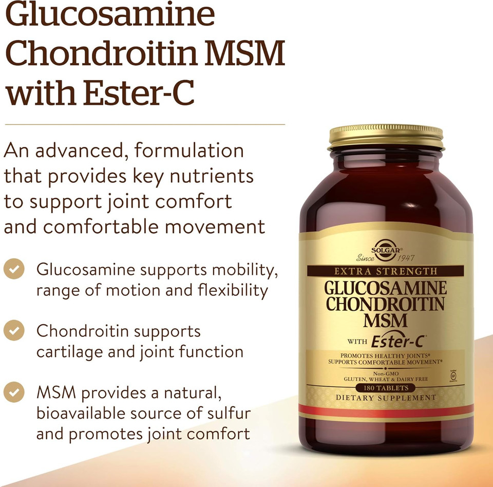 Solgar Extra Strength Glucosamine Chondroitin Msm W/ Ester-C, 180 Tablets - Promotes Healthy Joints, Supports Comfortable Movement & Collagen Formation - Non-Gmo, Gluten Free, Dairy Free - 60 Servings Solgar Extra Strength Glucosamine Chondroitin Msm W/ Ester-C, 180 Tablets - Promotes Healthy Joints, Supports Comfortable Movement & Collagen Formation - Non-Gmo, Gluten Free, Dairy Free - 60 Servings