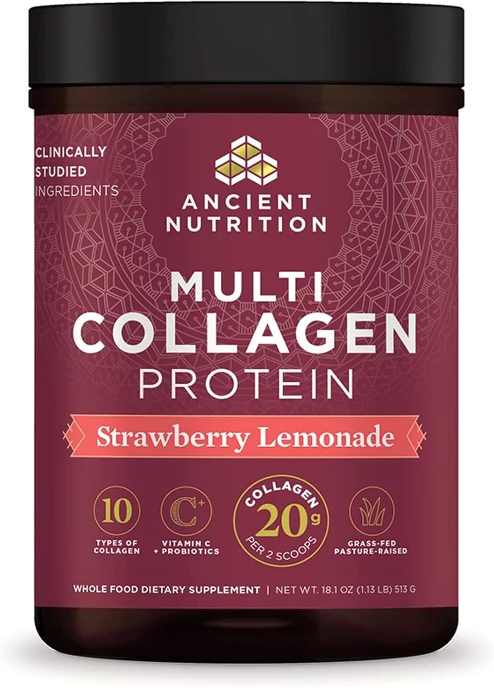 Ancient Nutrition Collagen Powder Protein, Multi Collagen Protein Powder, Strawberry Lemonade, 45 Servings, W/Vitamin C, Hydrolyzed Collagen Peptides For Skin, Nails, Gut Health And Joints, 18.1Oz