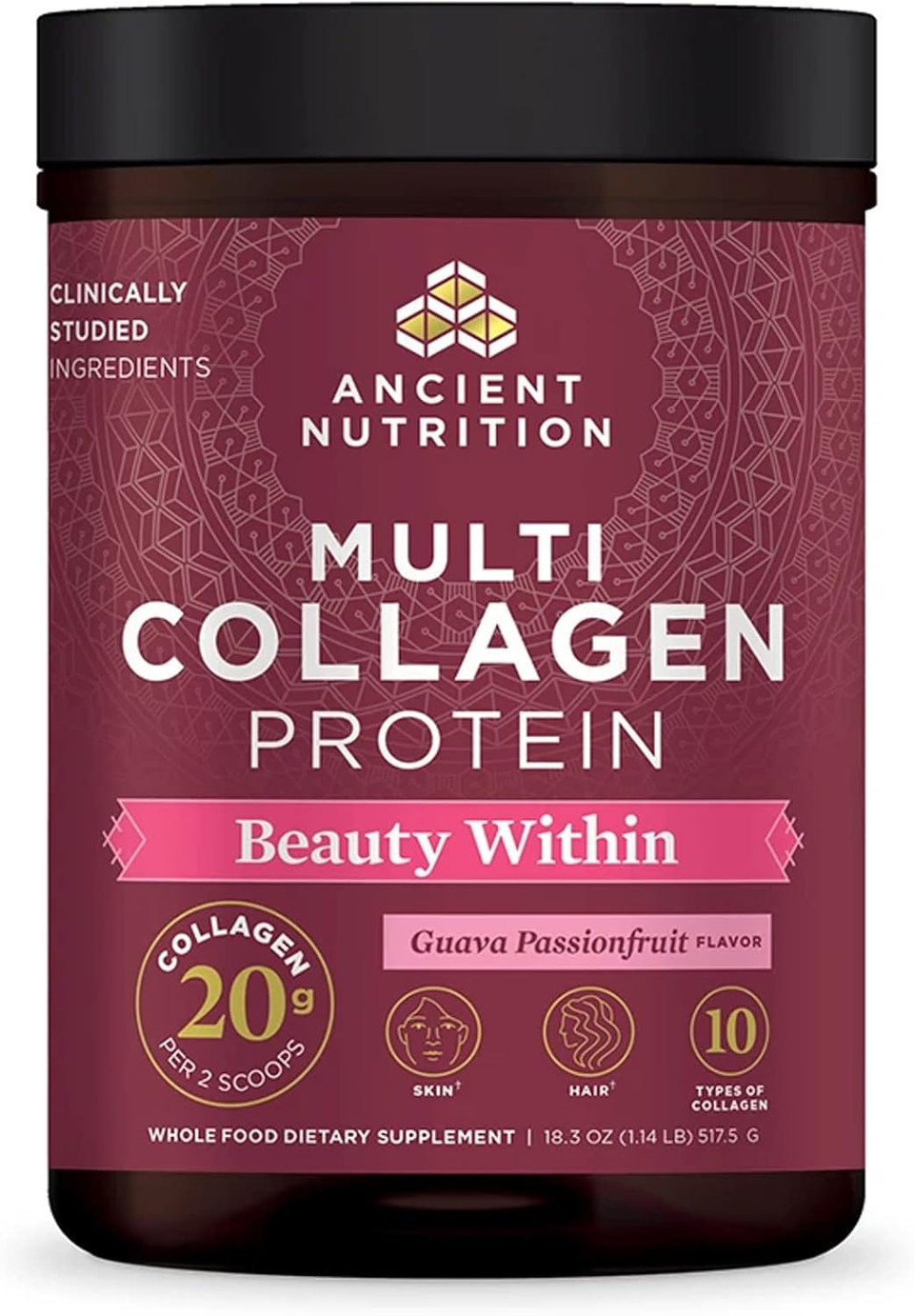 Collagen Powder Protein By Ancient Nutrition, Multi Collagen Protein Beauty Within, Guava Passionfruit, With Vitamin C, Hydrolyzed Collagen Peptides Supports Healthy Skin And Nails, 18.3Oz