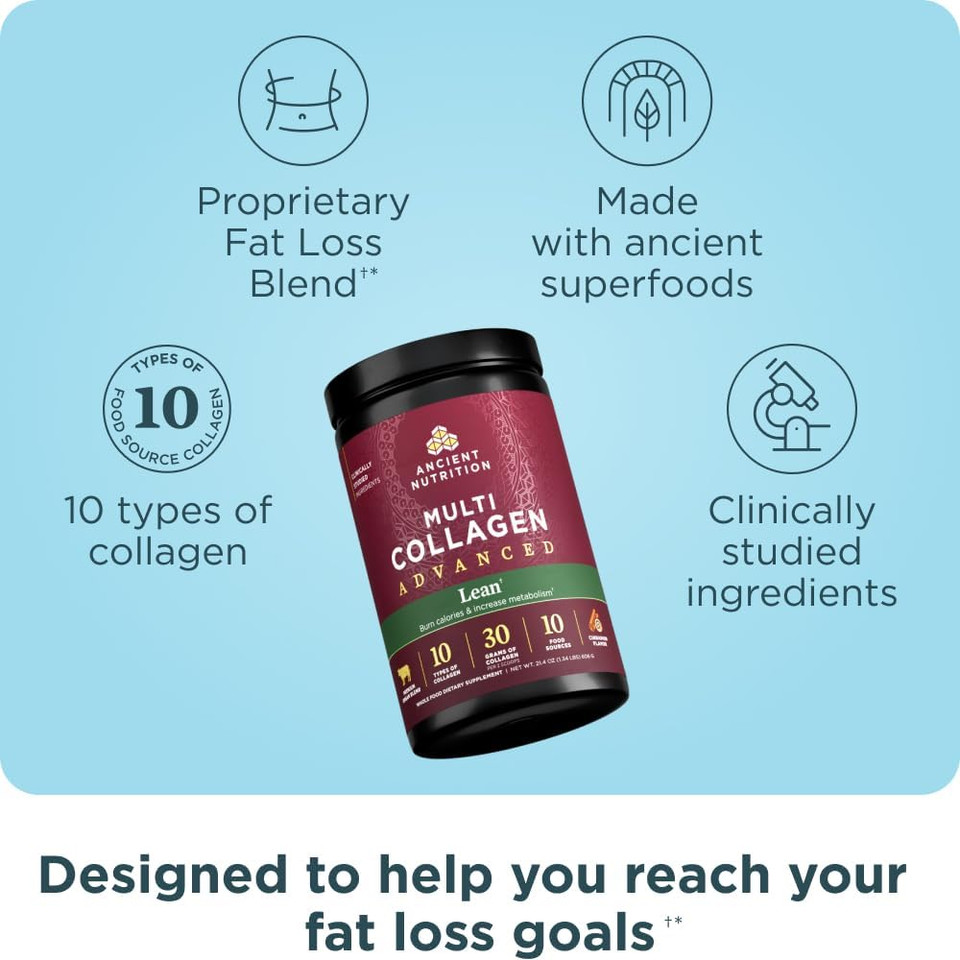 Ancient Nutrition Advanced Hydrolyzed Collagen Peptides Powder Protein Lean With Probiotics And Vitamin C, Cinnamon, For Women & Men, Supports Healthy Weight Management & Muscle Building, 25 Servings