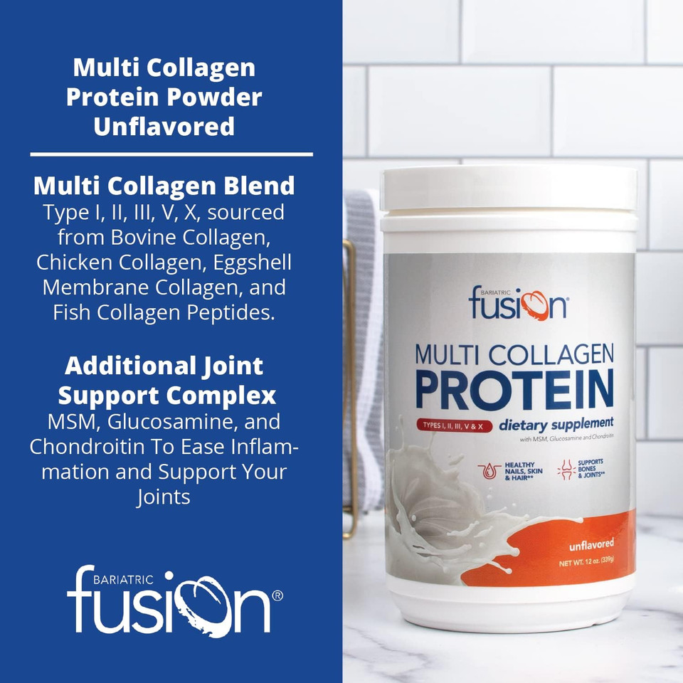 Bariatric Fusion Unflavored Multi Collagen Protein Powder | Hydrolyzed Collagen Peptides Powder Plus Joint Support Complex Of Msm And Glucosamine | Type 2 | Dairy, Gluten & Soy Free | 30 Servings