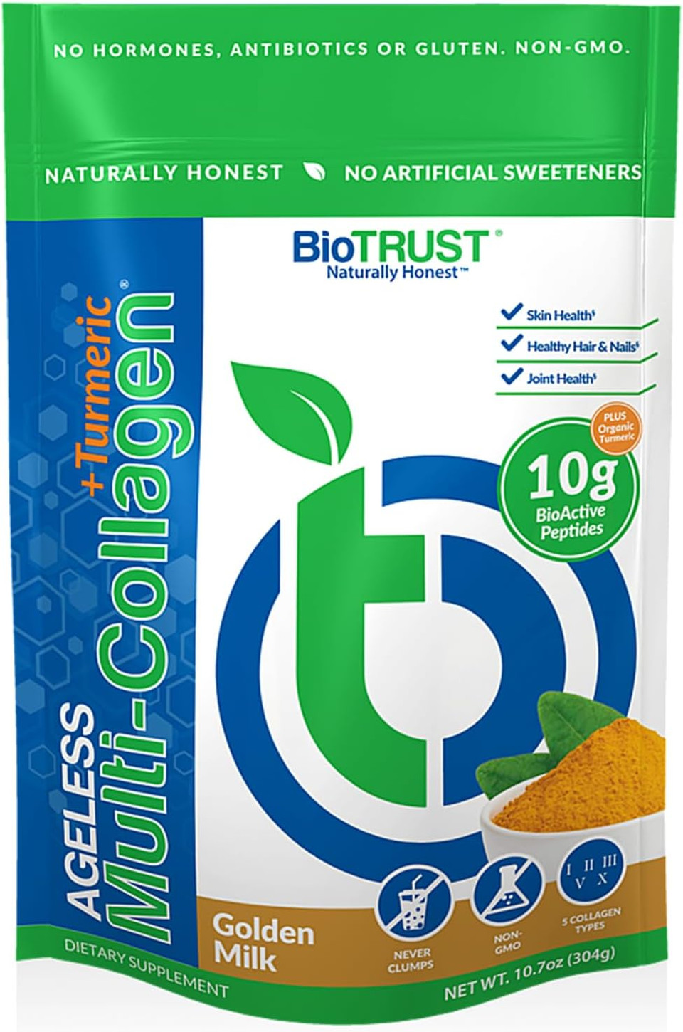 Biotrust Collagen Powder With Turmeric  5 Types (I, Ii, Iii, V, X)  Turmeric Collagen Powder For Women & Men  Hydrolyzed Protein  Grass Fed Beef, Fish, Chicken, Eggshell Membrane (Golden Milk)
