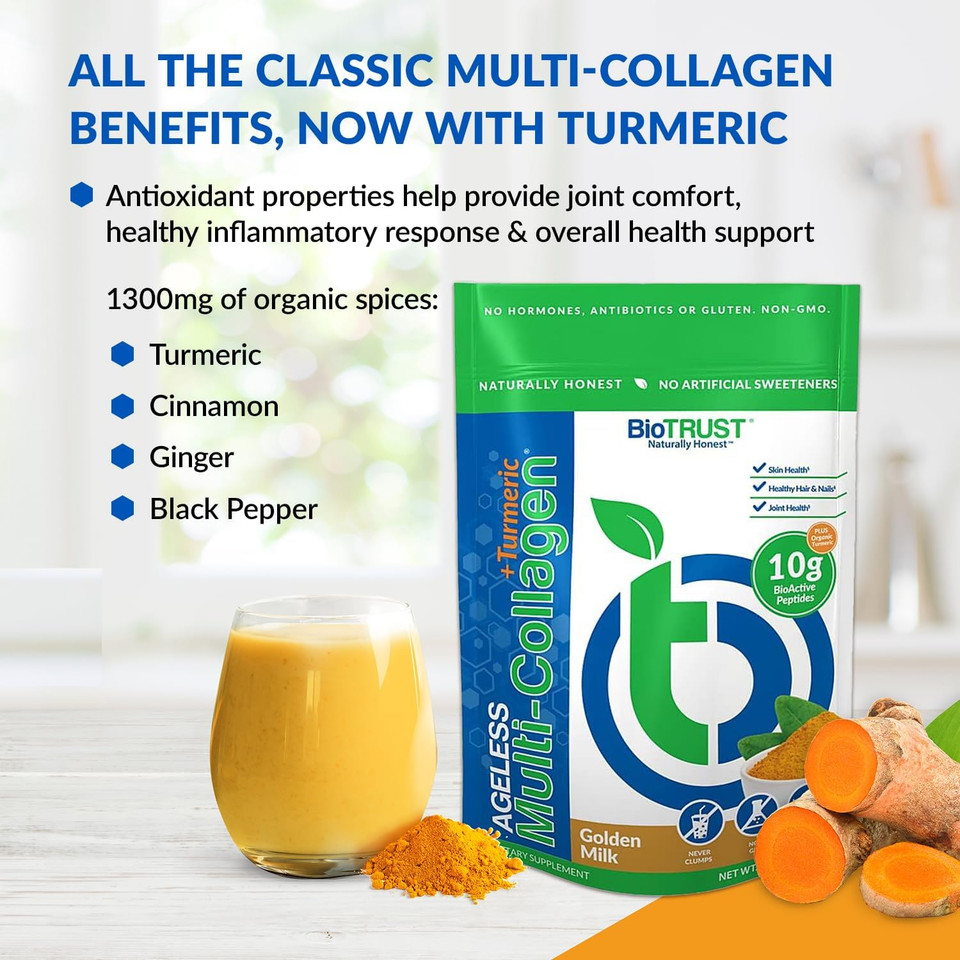 Biotrust Collagen Powder With Turmeric  5 Types (I, Ii, Iii, V, X)  Turmeric Collagen Powder For Women & Men  Hydrolyzed Protein  Grass Fed Beef, Fish, Chicken, Eggshell Membrane (Golden Milk)