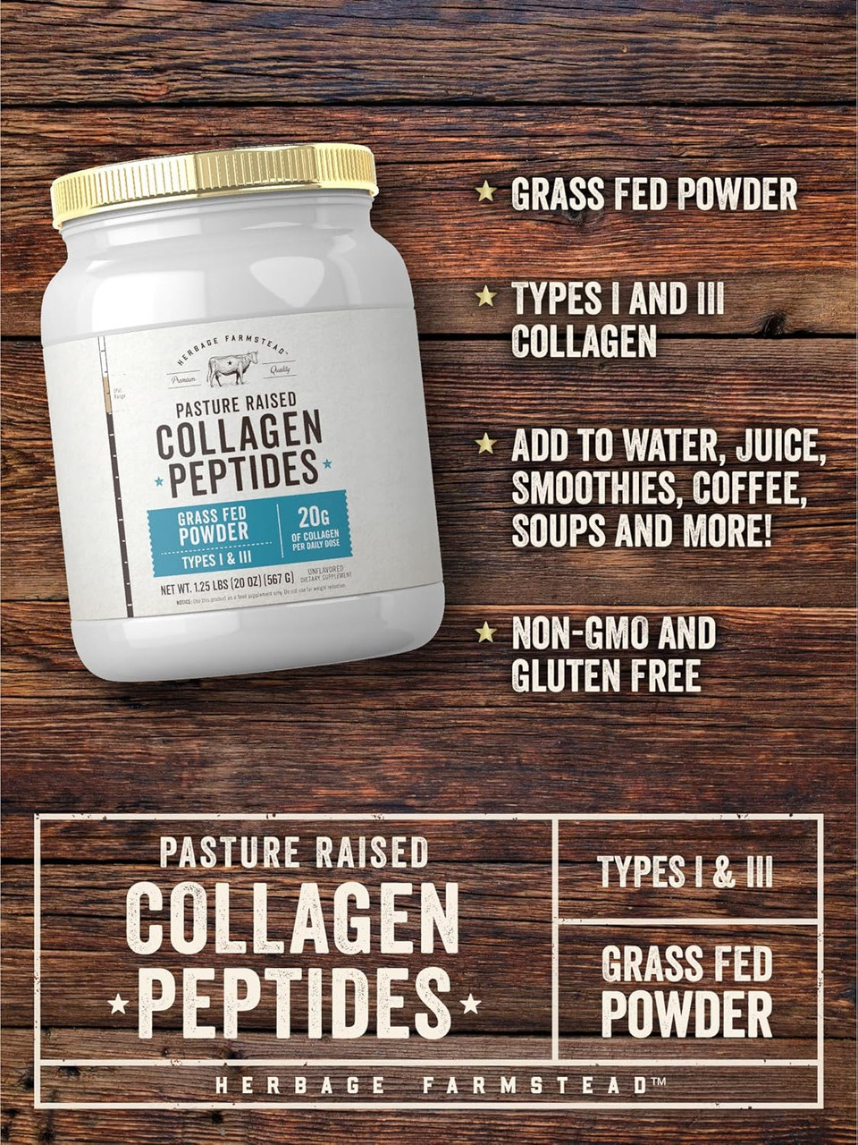 Carlyle Grass Fed Collagen Peptides Powder 20Oz | Unflavored | Pasture Raised | Types I & Iii | 20G Of Collagen Per Daily Dose | Non-Gmo, Gluten Free | By Herbage Farmstead
