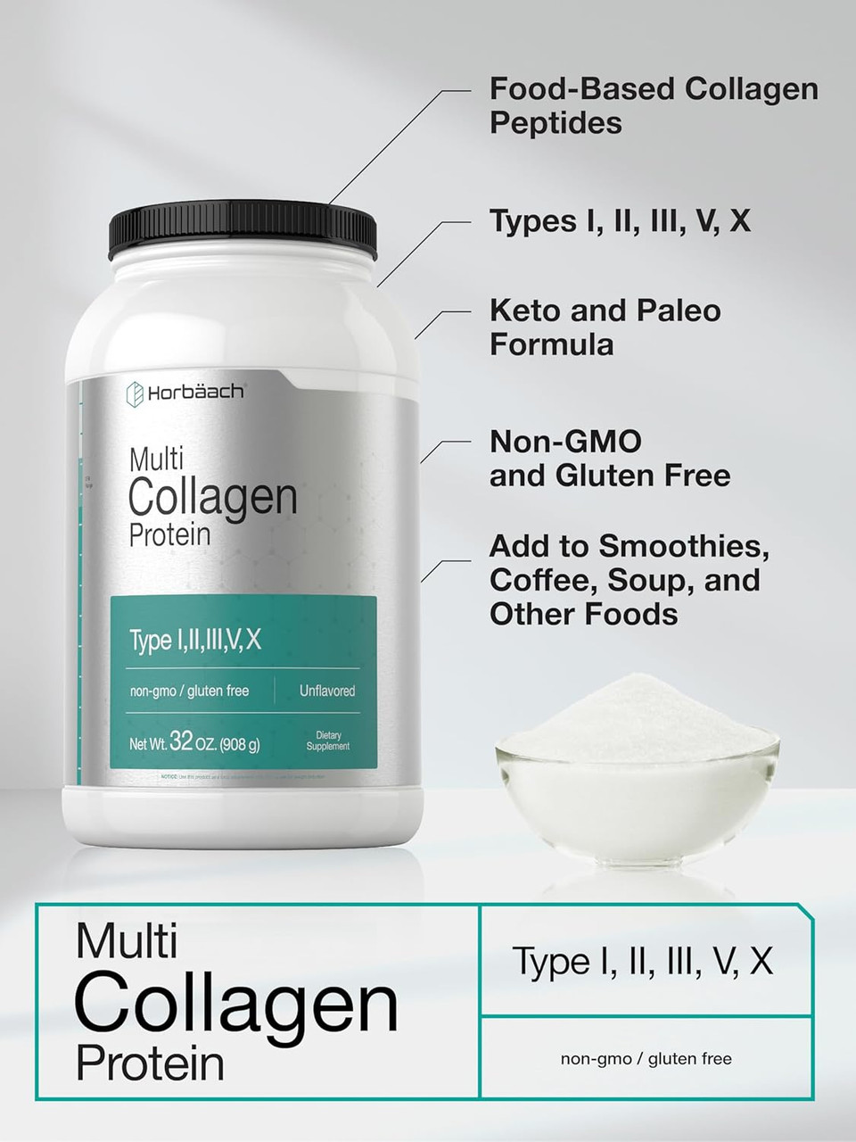 Horbaach Multi Collagen Protein Powder 32 Oz | Type I, Ii, Iii, V, X | Hydrolyzed Collagen Peptides | Keto & Paleo Friendly | Unflavored & Gluten Free Horbaach Multi Collagen Protein Powder 32 Oz | Type I, Ii, Iii, V, X | Hydrolyzed Collagen Peptides | Keto & Paleo Friendly | Unflavored & Gluten Free