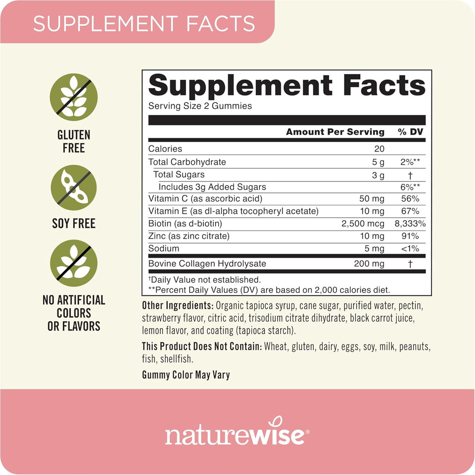 Naturewise Collagen Gummies - Strawberry Lemon Flavor - Type 1 & 3 Collagen Peptides For Women With Biotin, Vitamin C, E, & Zinc For Hair Skin And Nails & Joint Support - 90 Count[45-Day Supply]