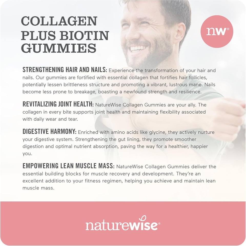 Naturewise Collagen Gummies - Strawberry Lemon Flavor - Type 1 & 3 Collagen Peptides For Women With Biotin, Vitamin C, E, & Zinc For Hair Skin And Nails & Joint Support - 90 Count[45-Day Supply]