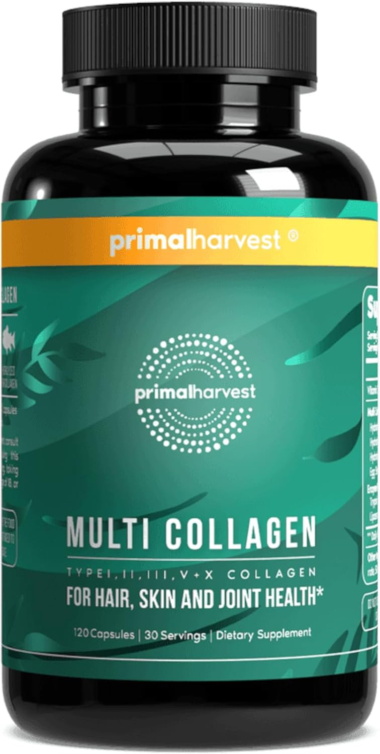 Primal Harvest Multi Collagen Pills For Women And Men (Type I, Ii, Iii, V, X) 120 Capsules W/Vitamin C For Hair, Skin, Nails